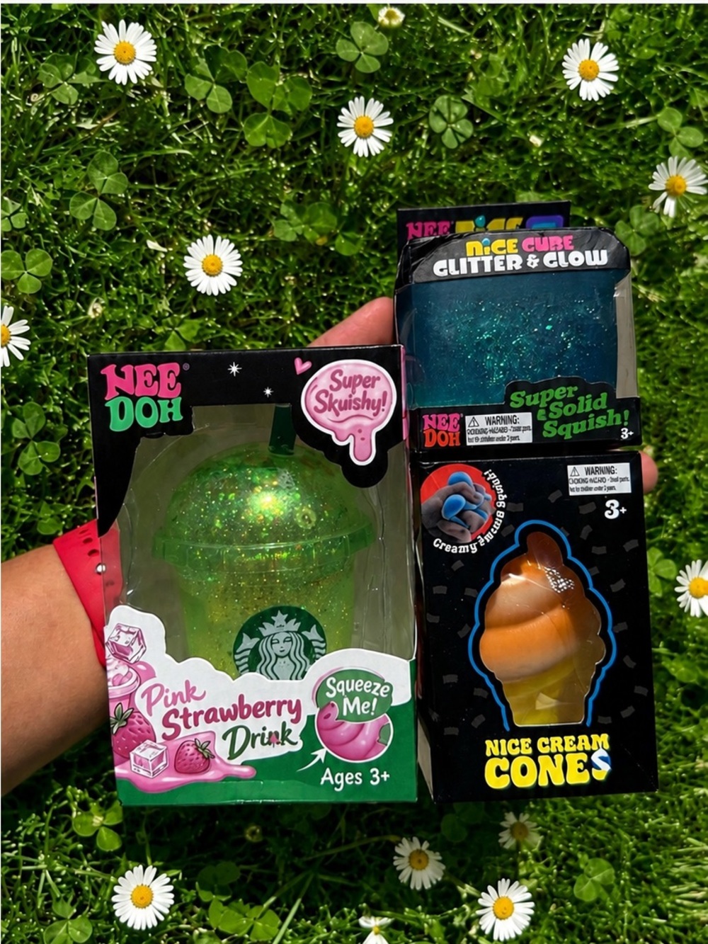 Pink Strawberry Drink Squishy Toy - Green Glitter NeeDoh Glitter and Ice Cream